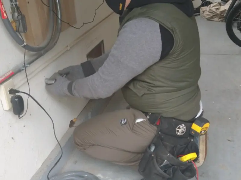Electrician performing outlet wiring in a Overland garage